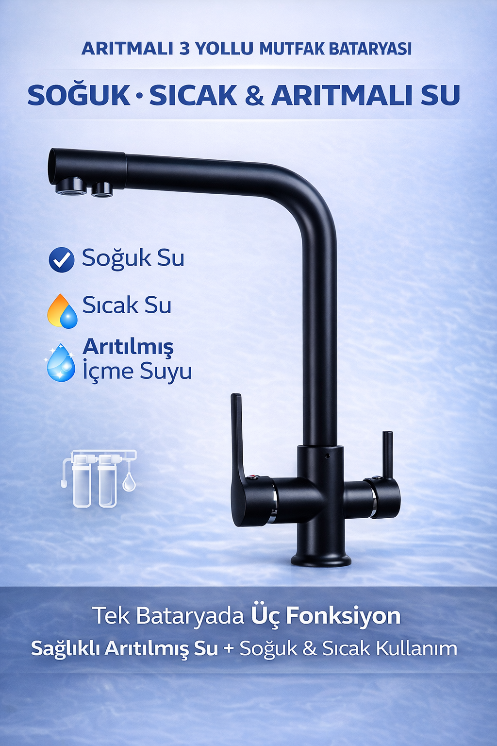 3 Yollu (Sıcak - Soğuk - Arıtma Su) Girişli Siyah Musluk